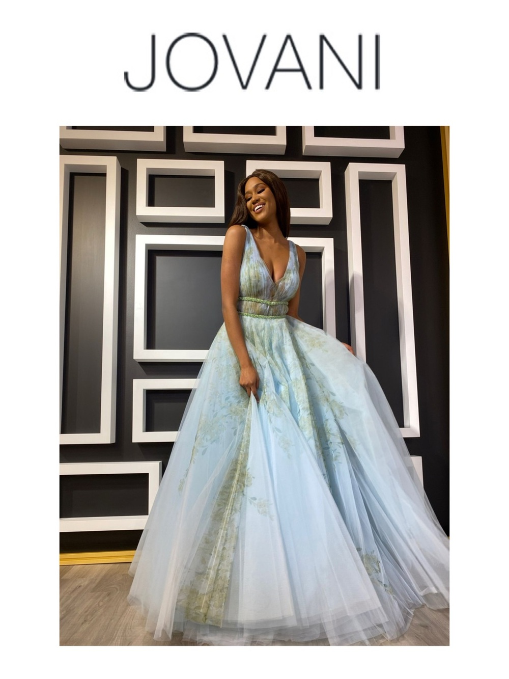 JOVANI Multi Print Plunging Neckline Ballgown